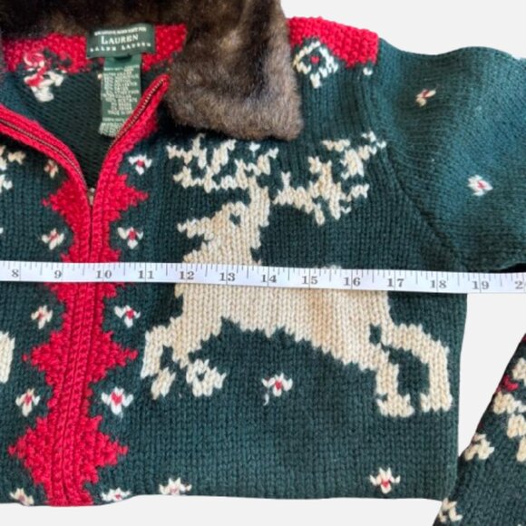 VTG Ralph Lauren Hand Knit Reindeer Cardigan Faux Fur Collar 90's (Size S) - Picture 10 of 16